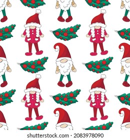 Christmas pattern with scandinavian gnomes in hand draw style