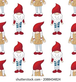 Christmas pattern with scandinavian gnomes in hand draw style
