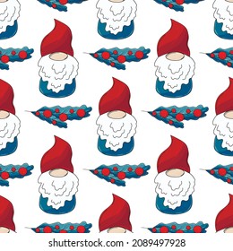 Christmas pattern with scandinavian gnomes in hand draw style
