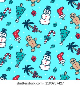 CHRISTMAS PATTERN SCARY CARTOON COLOR NEON BLUE BACKGROUND