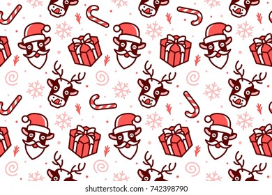 christmas pattern seamless background cute animal deer cow horse antler snowflakes candy gift white vector tiled 