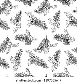 Christmas pattern seamless background. with pine corn, holly, berries illustration.