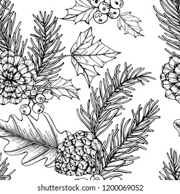 Christmas pattern seamless background. with pine corn, maple leaf, oak,holly illustration.