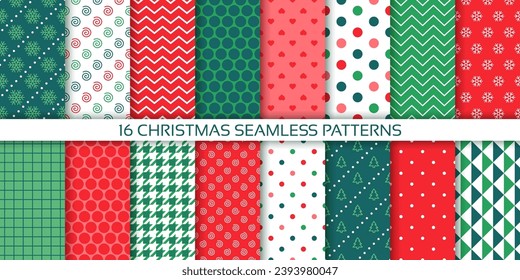 Christmas pattern. Seamless background. Set red green textures with polka dots, zigzag, snowflakes and spirals. Festive wrapping papers. New year prints. Collection backdrops. Vector illustration  