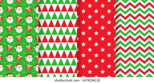Christmas pattern. Seamless background. Vector. Festive New year textures with Santa, triangle, stars and zig zag. Set holiday abstract geometric textile prints. Red green illustration