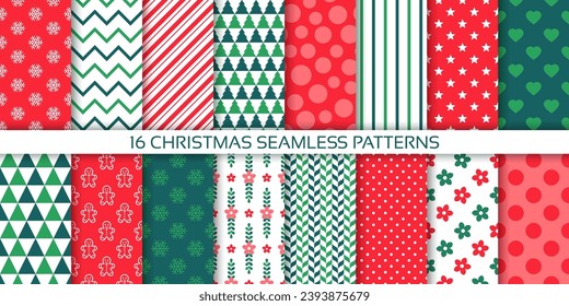 Christmas pattern. Seamless background. Xmas print with tree, candy cane stripe, polka dot, zigzag, star. Collection New year textures. Red green wrapping paper. Vector illustration. Festive backdrops