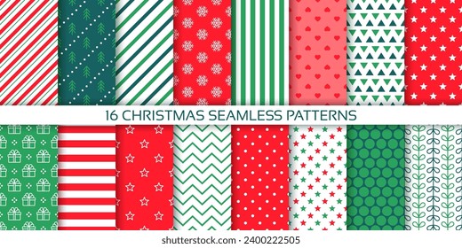 Christmas pattern. Seamless backgrounds. Xmas New year prints with polka dot, candy cane stripes, tree, stars snowflakes. Set Noel textures. Holiday red green wrapping papers. Vector illustration