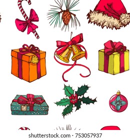Christmas pattern , seamless ,beautiful vector illustration ,jingle bells, Santa Claus hat,Holly,gifts on white background