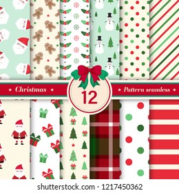 Christmas pattern seamless collection. Set of 12 X-mas background with traditional symbols: snowflakes, Christmas tree, Santa Claus, snowman, glitter, polka dot and suitable abstract patterns. 