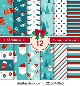 Christmas pattern seamless collection. Set of 12 X-mas background with traditional symbols: snowflakes, Christmas tree, Santa Claus, snowman, glitter, polka dot and suitable abstract patterns. 