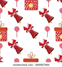 Christmas pattern. Seamless with colorful box, bell and candy. On a white background. Vector festive background with decor. Happy New Year and Merry Christmas. For print and web pages.