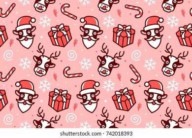 christmas pattern seamless cute animal cartoon pink red deer horse antler illustration