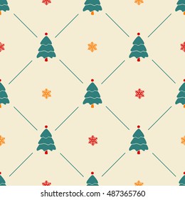 Christmas pattern, seamless design. Merry Christmas card decoration. Happy New Year ornament. Vintage graphics of Christmas tree and snowflake. Hand drawn vector icons for holiday sale, celebration.