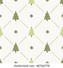 Christmas pattern, seamless design. Merry Christmas card decoration. Happy New Year ornament. Vintage graphics of Christmas tree and snowflake. Hand drawn vector icons for holiday sale, celebration.
