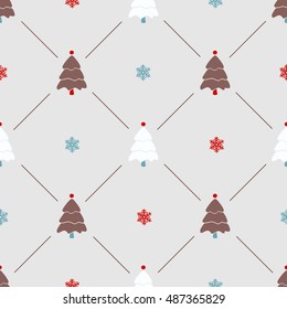Christmas pattern, seamless design. Merry Christmas card decoration. Happy New Year ornament. Vintage graphics of Christmas tree and snowflake. Hand drawn vector icons for holiday sale, celebration.