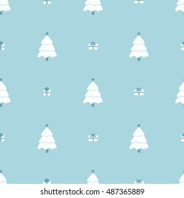 Christmas pattern, seamless design. Merry Christmas card decoration. Happy New Year ornament. Vintage graphics of Christmas tree and gift box. Hand drawn vector icons for holiday sale and celebration.