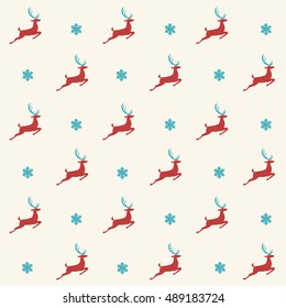 Christmas pattern, seamless design. Merry Christmas card decoration. Happy New Year ornament. Vintage grey graphics of deer and snowflake. Hand drawn vector icons for holiday sale and celebration.