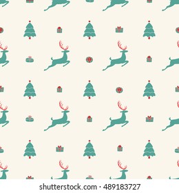 Christmas pattern, seamless design. Merry Christmas card decoration. Happy New Year ornament. Vintage green graphics of deer and gift box. Hand drawn vector icons for holiday sale and celebration.