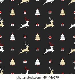 Christmas pattern, seamless design. Merry Christmas card decoration. Happy New Year ornament. Vintage black gold graphics of deer and gift box. Hand drawn vector icons for holiday sale.