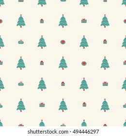 Christmas pattern, seamless design. Merry Christmas card decoration. Happy New Year ornament. Vintage graphics of Christmas tree and gift box. Hand drawn vector icons for holiday sale and celebration.
