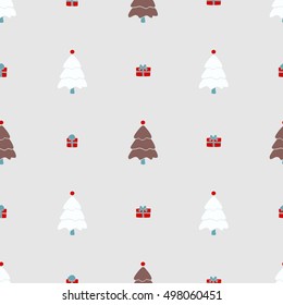 Christmas pattern, seamless design. Merry Christmas card decoration. Happy New Year ornament. Vintage graphics of Christmas tree and gift box. Hand drawn vector icons for holiday sale and celebration.