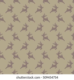 Christmas pattern, seamless design. Merry Christmas card decoration. Happy New Year ornament. Vintage green graphics of deer and gift box. Hand drawn vector icons for holiday sale and celebration.
