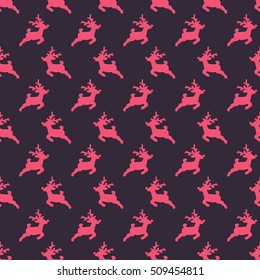Christmas pattern, seamless design. Merry Christmas card decoration. Happy New Year ornament. Vintage green graphics of deer and gift box. Hand drawn vector icons for holiday sale and celebration.