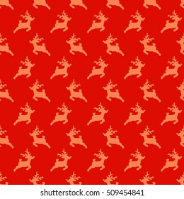Christmas pattern, seamless design. Merry Christmas card decoration. Happy New Year ornament. Vintage green graphics of deer and gift box. Hand drawn vector icons for holiday sale and celebration.