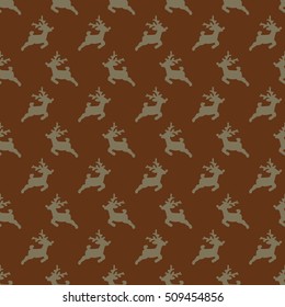 Christmas pattern, seamless design. Merry Christmas card decoration. Happy New Year ornament. Vintage green graphics of deer and gift box. Hand drawn vector icons for holiday sale and celebration.