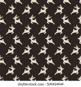 Christmas pattern, seamless design. Merry Christmas card decoration. Happy New Year ornament. Vintage green graphics of deer and gift box. Hand drawn vector icons for holiday sale and celebration.