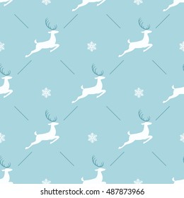 Christmas pattern, seamless design. Vintage blue graphics of deer and snowflake. Hand drawn vector icons for holiday sale and celebration.