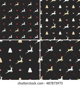 Christmas pattern, seamless design.  Vintage black graphics of deer, gift box, snowflake. Hand drawn vector icons for holiday sale. Set