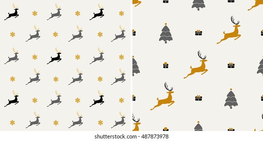 Christmas pattern, seamless design.  Vintage grey graphics of deer, gift box, snowflake. Hand drawn vector icons for holiday sale. Set
