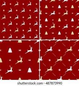 Christmas pattern, seamless design. Vintage red graphics of deer, gift box, snowflake. Hand drawn vector icons for holiday sale. Set