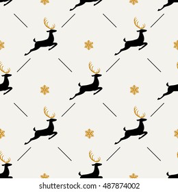 Christmas pattern, seamless design. Vintage black golden graphics of deer and snowflake. Hand drawn vector icons for holiday sale.