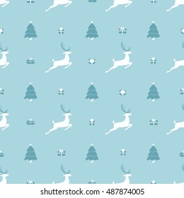 Christmas pattern, seamless design. Vintage blue graphics of deer and gift box. Hand drawn vector icons for holiday sale and celebration.