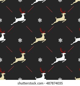 Christmas pattern, seamless design. Vintage black red graphics of deer and snowflake. Hand drawn vector icons for holiday sale.