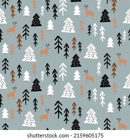 Christmas pattern with seamless drawing of reindeer, forest tree and rabbit. Natural floral drawing for winter season and Christmas holiday. Vector illustration ready for print.