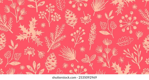 Christmas pattern. Seamless floral vector. Crayon pastel plant. Winter and Christmas flower background. Pink holiday design with mistletoe, branch, berry. Red crayon childish element. Cute pattern bg