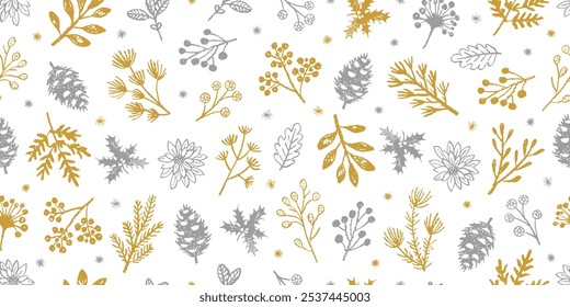 Padrão de Natal. Vetor floral sem emenda. Planta pastel de giz de cera. Fundo de flores de inverno e Natal. Design de feriado de prata dourada. Mistletoe, branch, berry. Crayon elemento infantil. Padrão bonito bg
