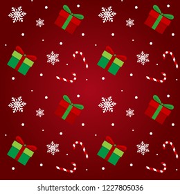 Christmas pattern seamless. Gift, snowflake, and candy canes on red background. greeting card template vector EPS10