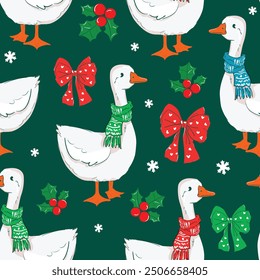 Christmas pattern. Seamless pattern with Christmas Goose in scarves,  illustration for kids design, Hand drawn vector 