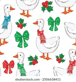 Christmas pattern. Seamless pattern with Christmas Goose in scarves,  illustration for kids design, Hand drawn vector 