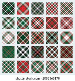 Christmas Pattern seamless of green, red and white vector plaid. Set Holiday background for greeting card, wrapping paper print or winter decor wallpaper.