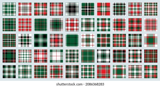 Christmas Pattern seamless of green, red and white vector plaid. Set Holiday background for greeting card, wrapping paper print or winter decor wallpaper.