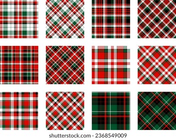 Christmas Pattern seamless of green, red and white vector plaid. Set Holiday background for greeting card, wrapping paper print or winter decor wallpaper.