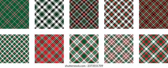 Christmas Pattern seamless of green, red and white vector plaid. Set Holiday background for greeting card, wrapping paper print or winter decor wallpaper.