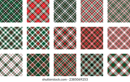 Christmas Pattern seamless of green, red and white vector plaid. Set Holiday background for greeting card, wrapping paper print or winter decor wallpaper.