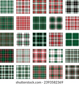 Christmas Pattern seamless of green, red and white vector plaid. Set Holiday background for greeting card, wrapping paper print or winter decor wallpaper.