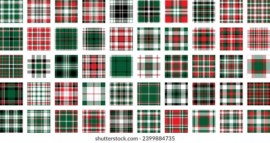 Christmas Pattern seamless of green, red and white vector plaid. Set Holiday background for greeting card, wrapping paper print or winter decor wallpaper.